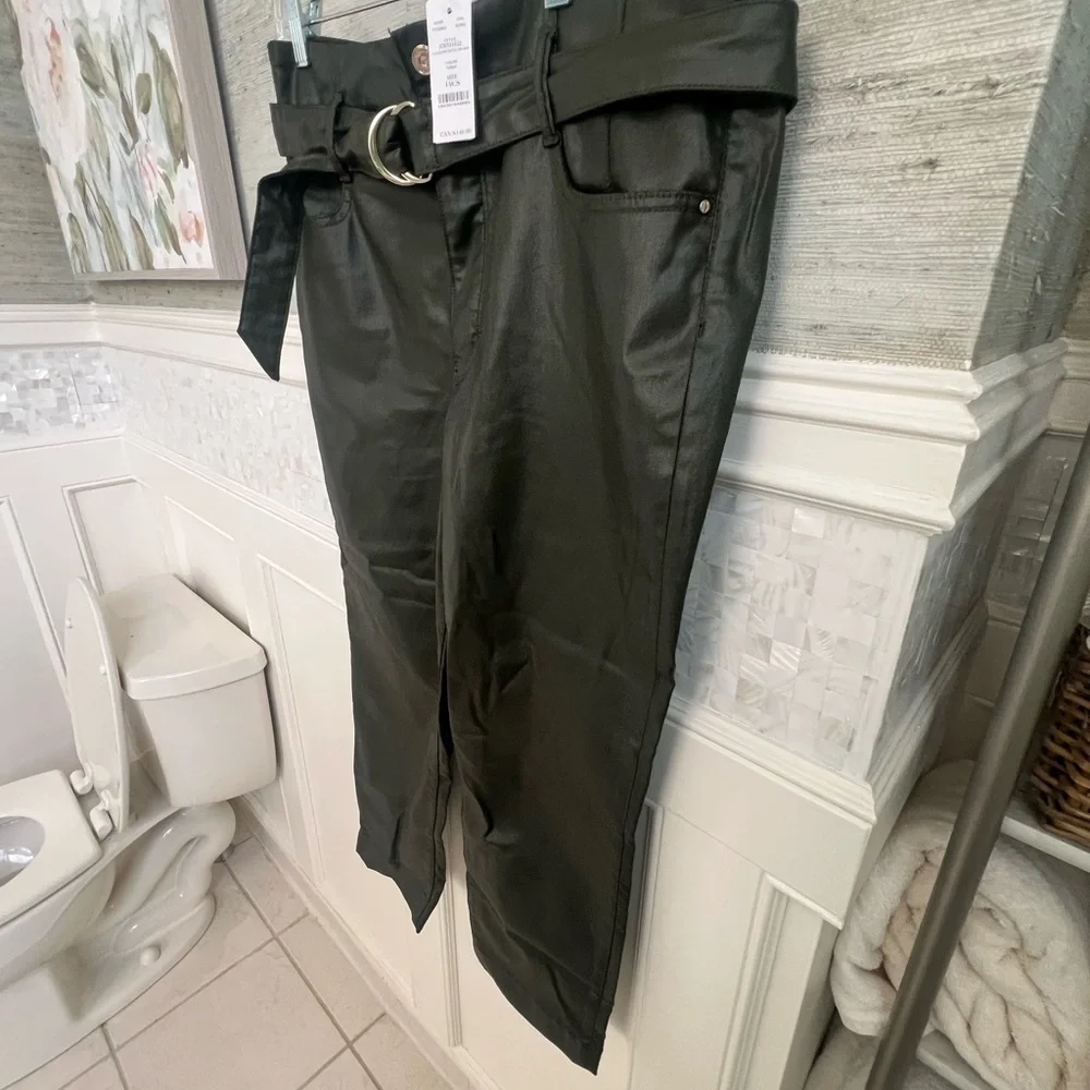NWT New 14S 14 short Whbm coated denim jeans curvy fatigue green faux leather